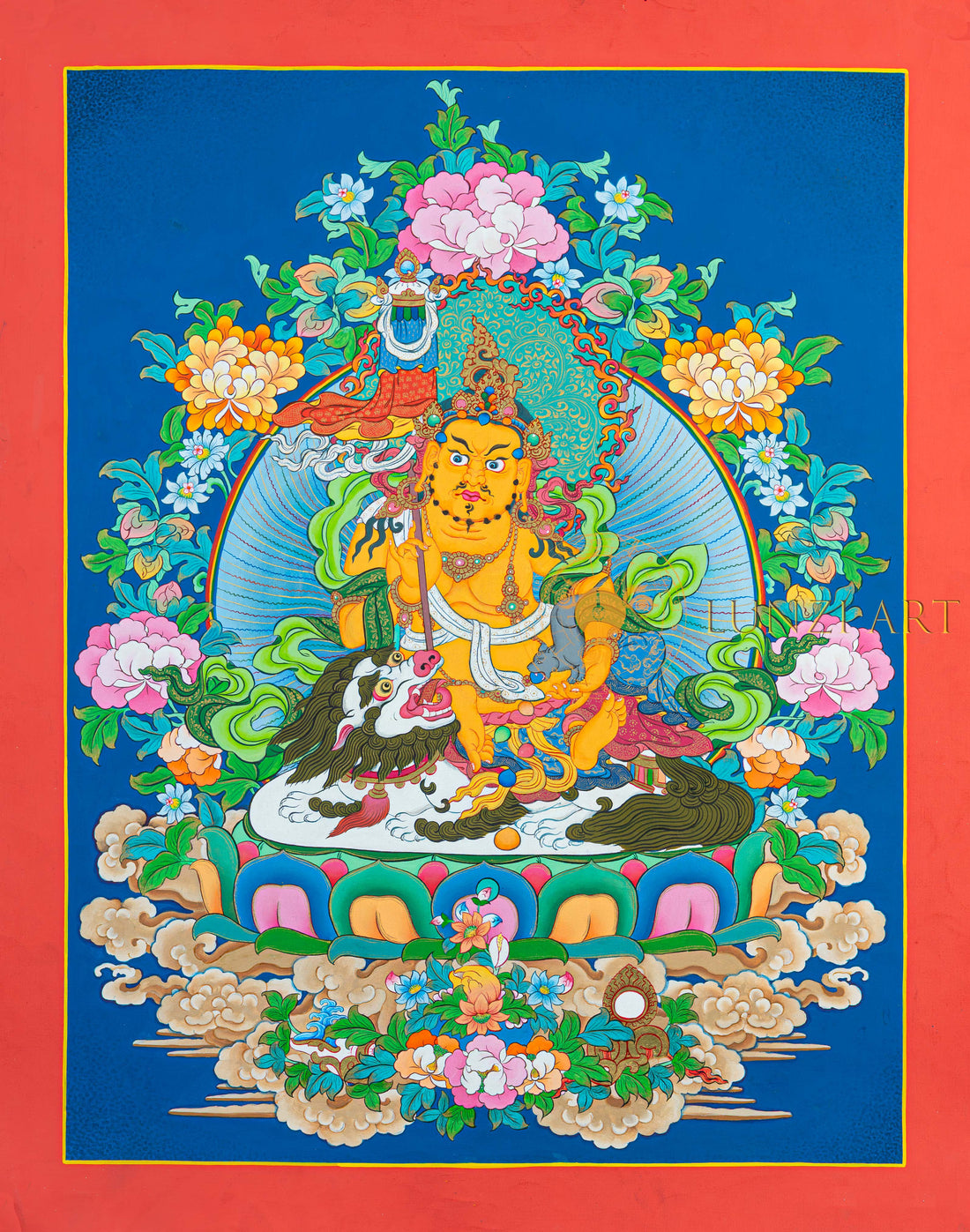 Lion Jambhala Thangka: The Lord of Prosperity and Protection - T-N-ET-RB-AU-LJ-0076