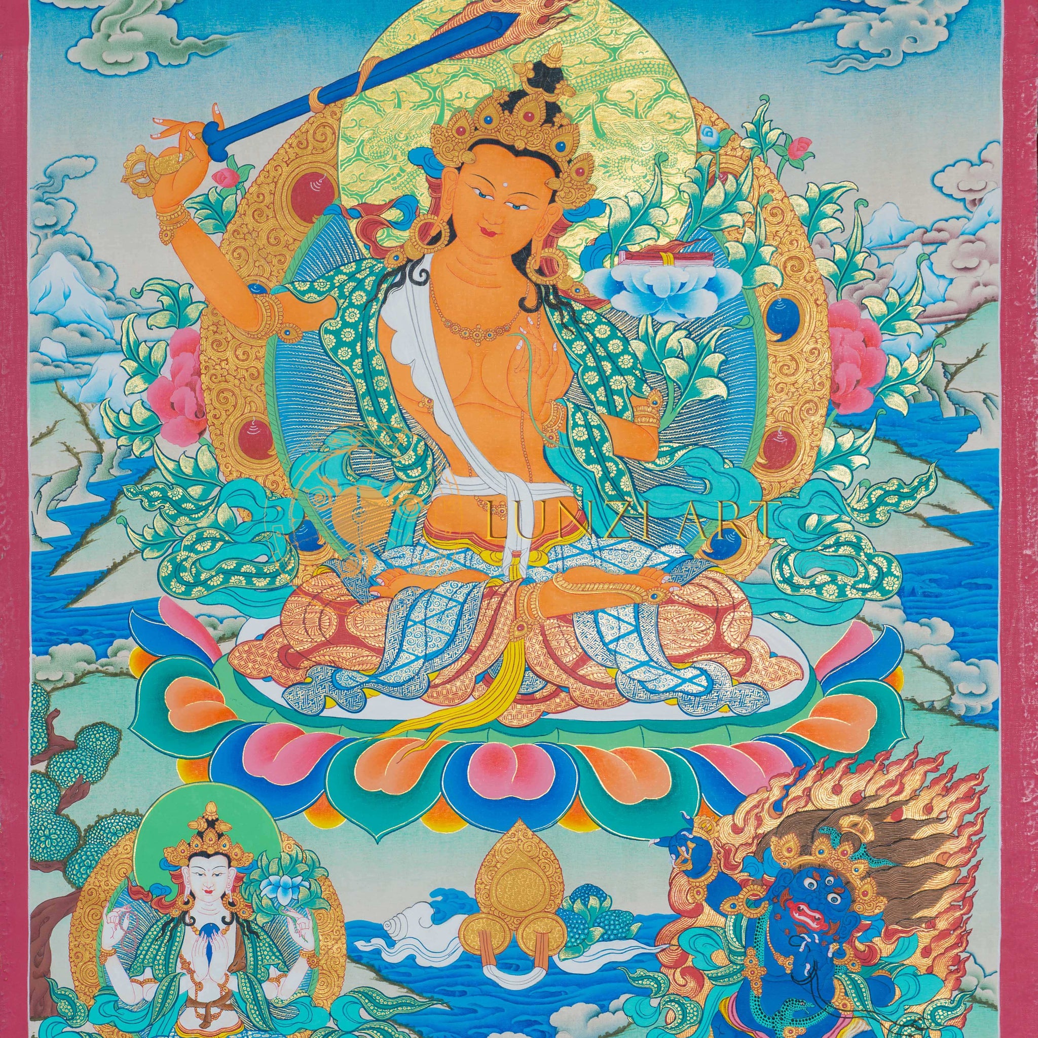 Majestic Manjushri Thangka: Embody Wisdom and Enlightenment with Authentic Tibetan Art - Thangka