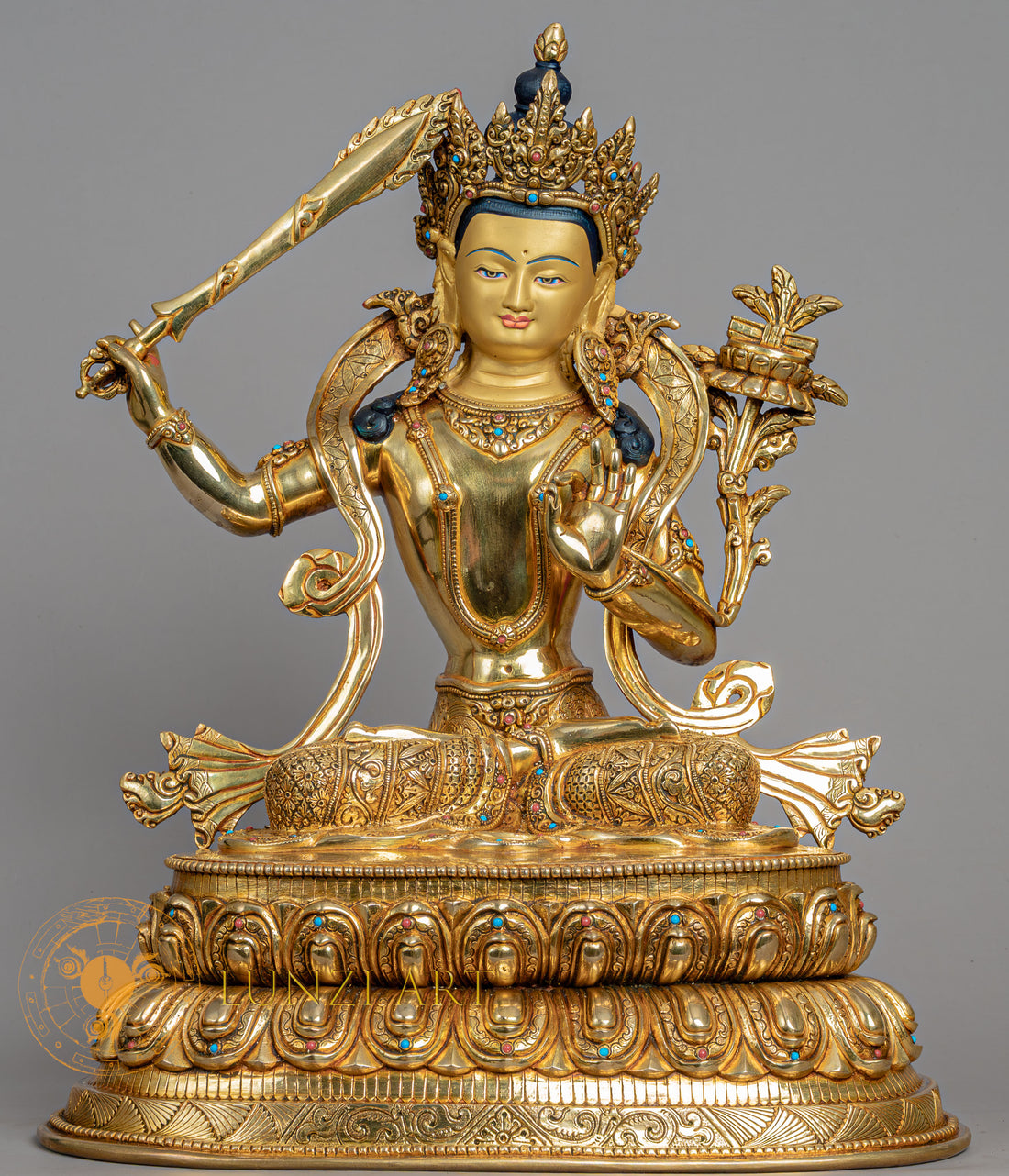 Manjushri Sculpture | Handmade Fully Gold-Plated Copper Statue - S-B-BA-FG-CG-M-0125
