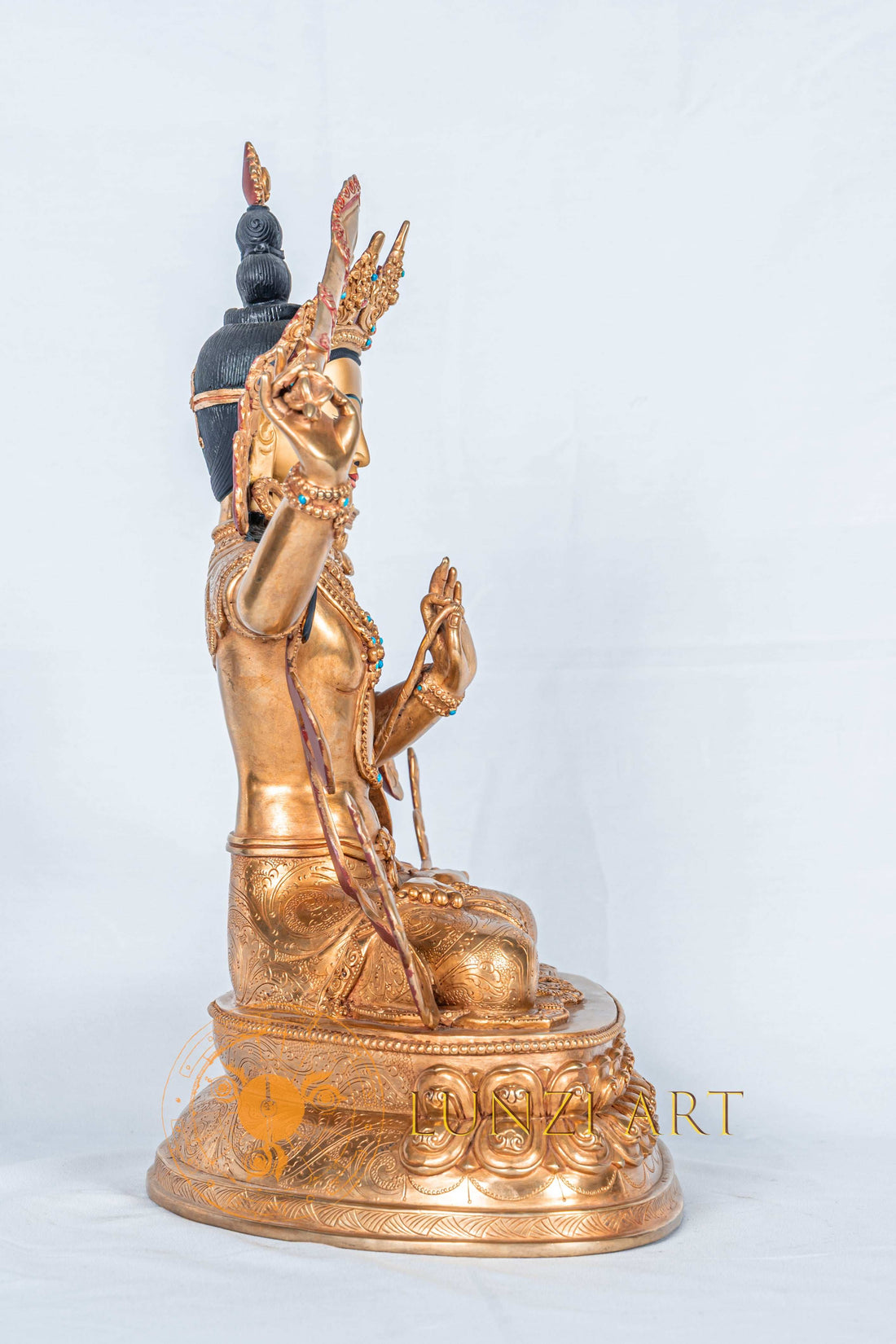 Manjushri Sculpture | Handmade Fully Gold-Plated Copper Statue - S-B-RM-FG-CG-M-0097
