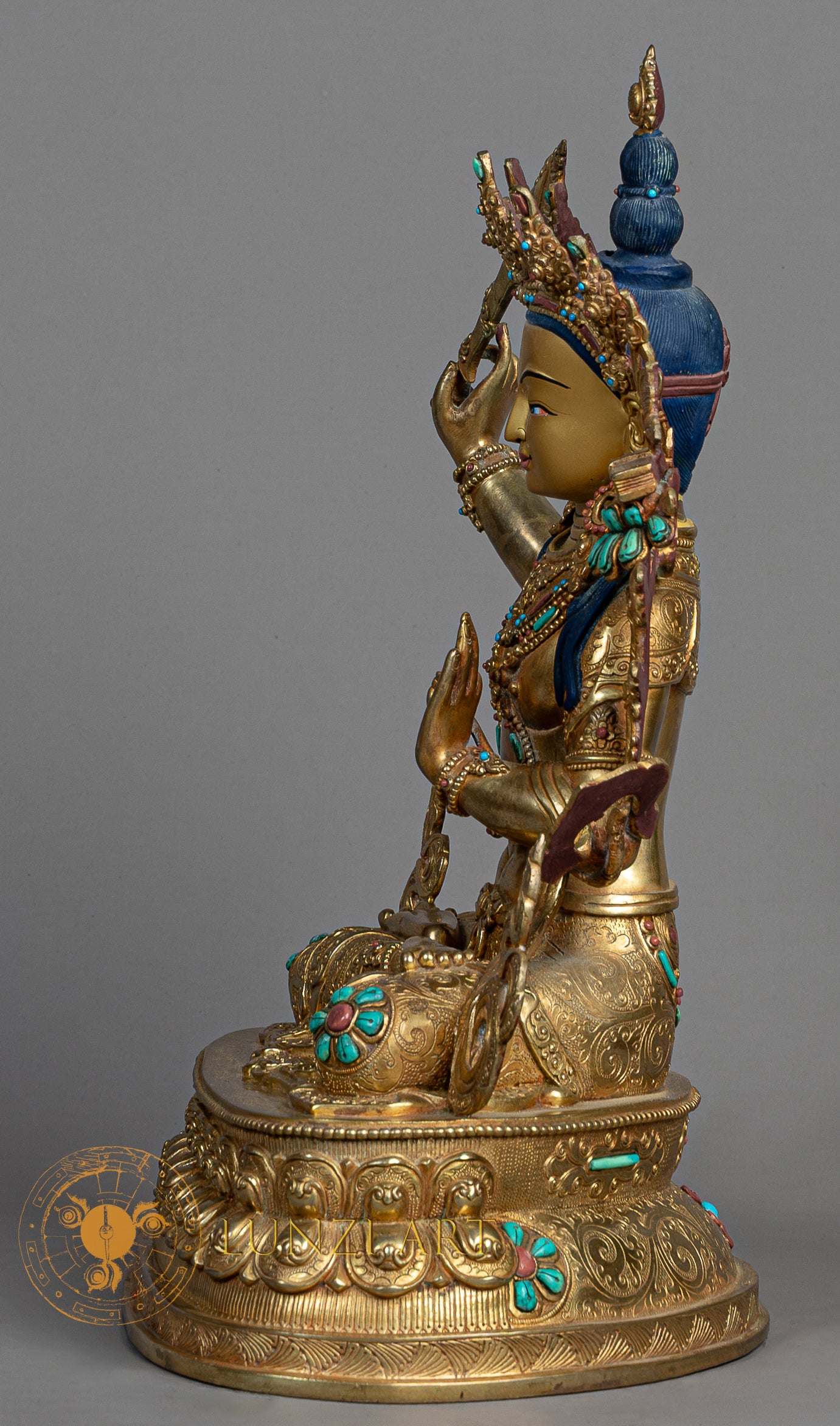 Manjushri Sculpture | Handmade Fully Gold-Plated Copper Statue - S-P-SS-FG-CG-M-0138