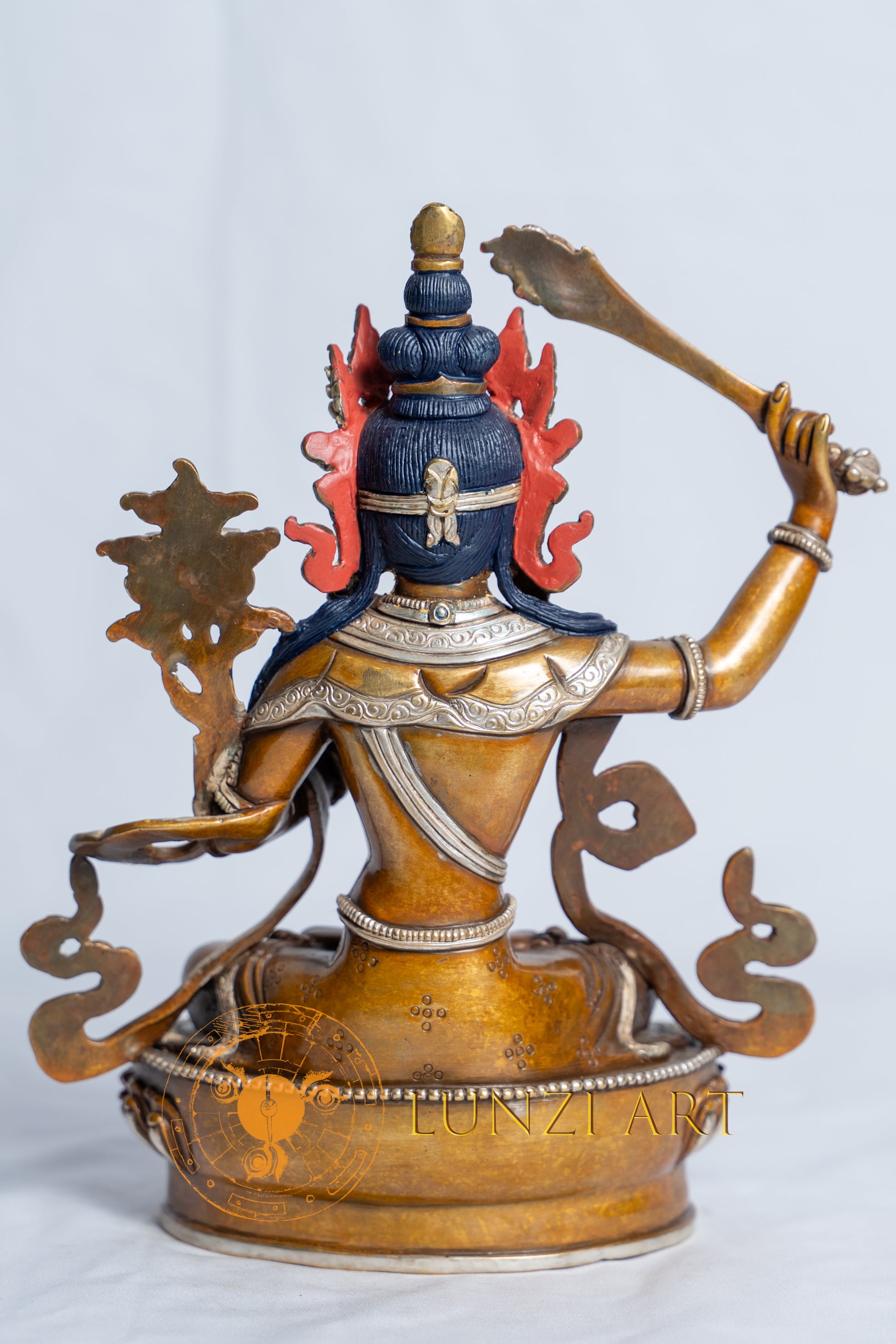 Manjushri Statue | Partly Silver Plated Oxidized Copper With Painted Face - S-B-RM-C-M-0018