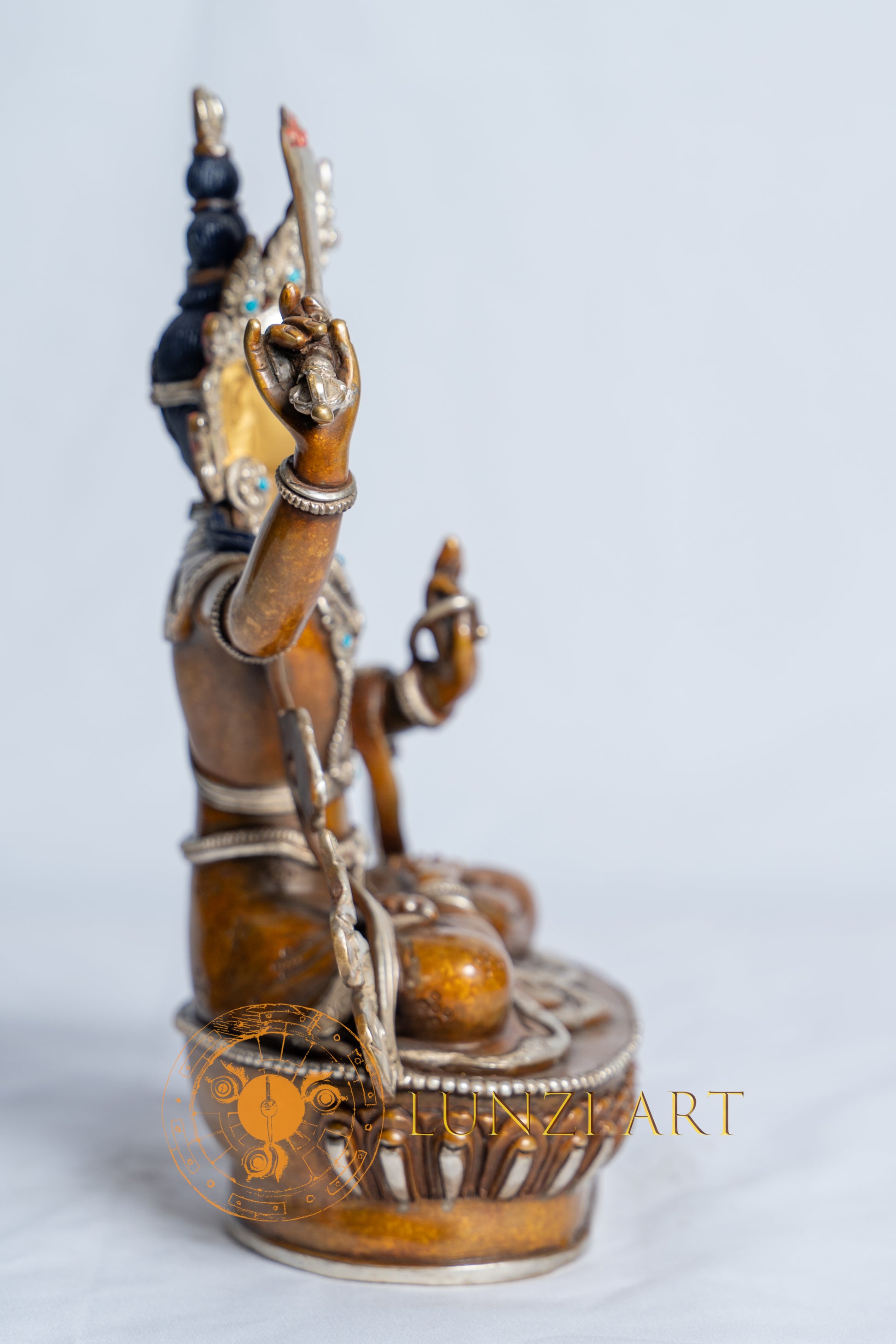 Manjushri Statue | Partly Silver Plated Oxidized Copper With Painted Face - statues