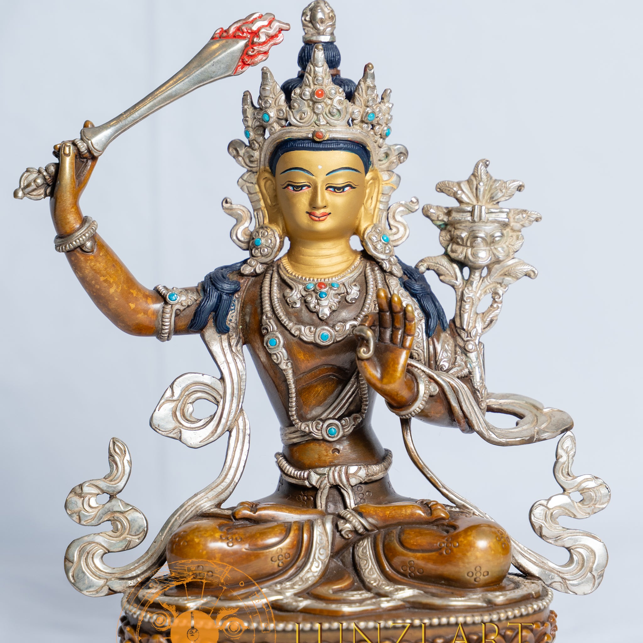Manjushri Statue | Partly Silver Plated Oxidized Copper With Painted Face - statues