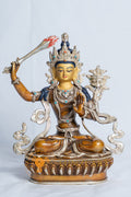 Manjushri Statue | Partly Silver Plated Oxidized Copper With Painted Face - statues