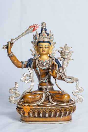 Manjushri Statue | Partly Silver Plated Oxidized Copper With Painted Face - statues