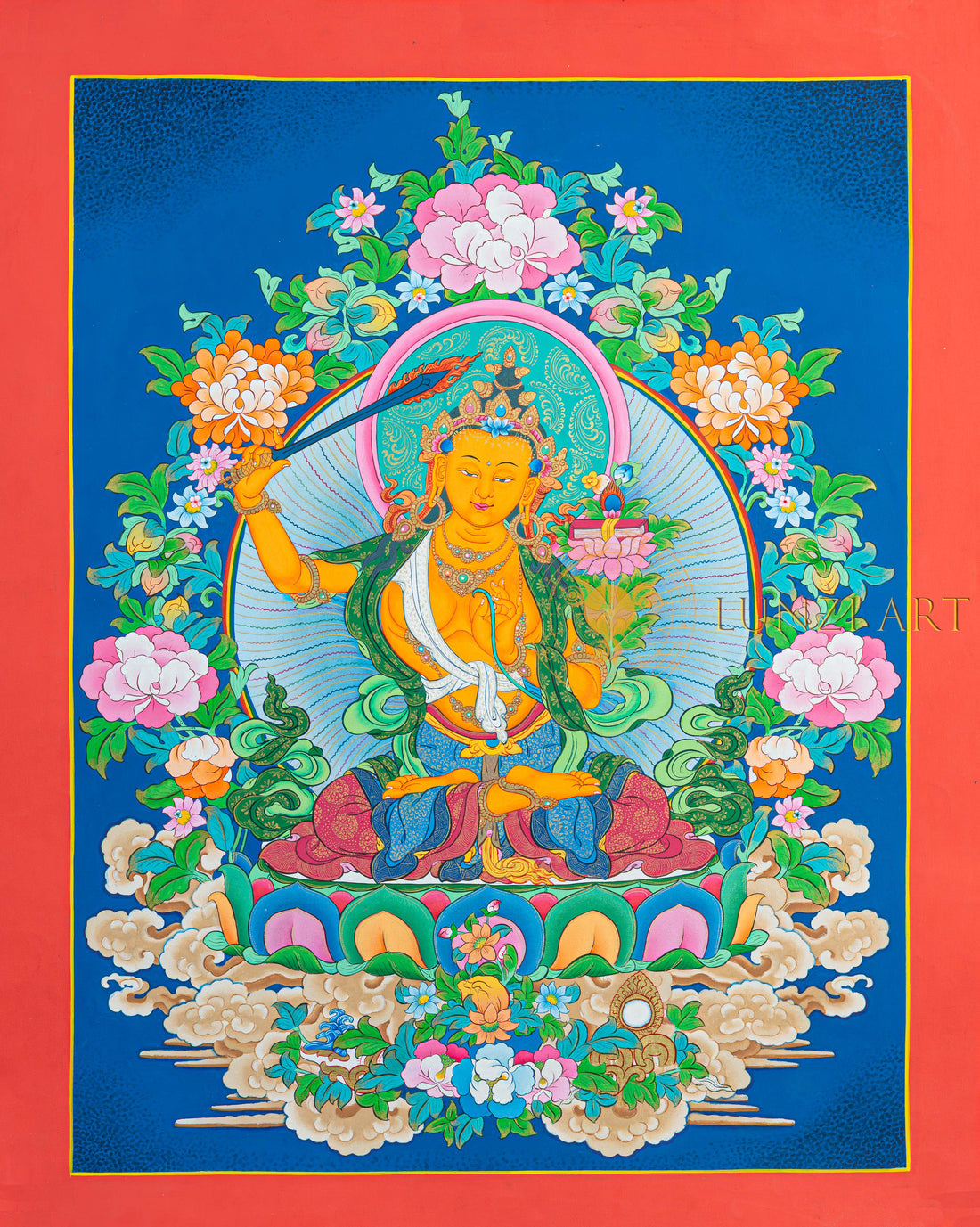 Manjushri Thangka: The Golden Sword of Infinite Wisdom - T-N-ET-RB-AU-M-0082
