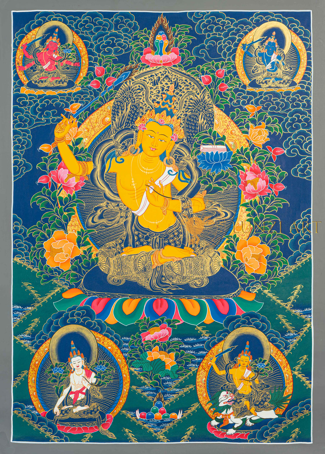 Manjushri Thangka: The Golden Sword of Infinite Wisdom - T-N-MB-GB-M-0019
