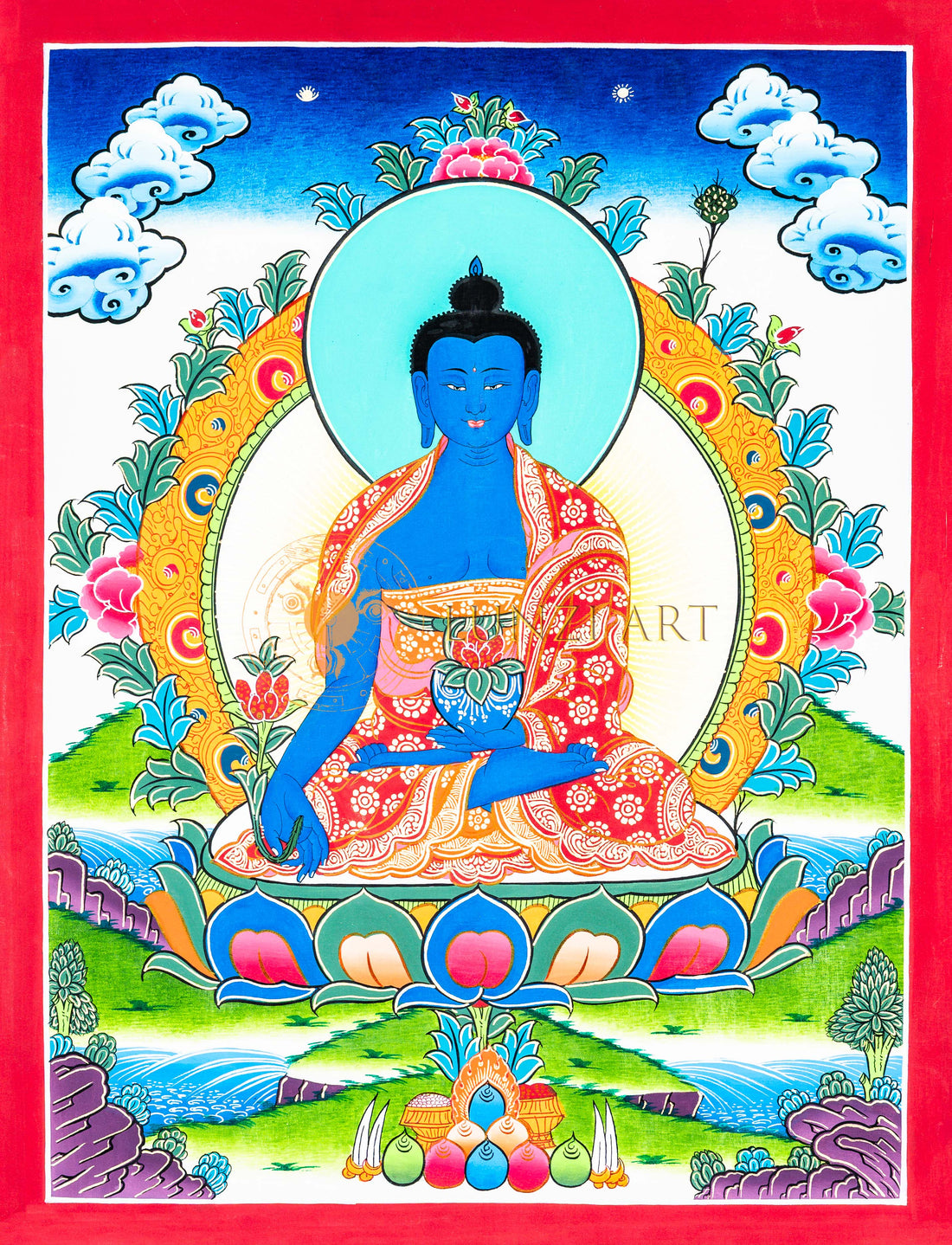Medicine Buddha Thangka : Healing Buddha - T-B-HT-RB-MB-0033