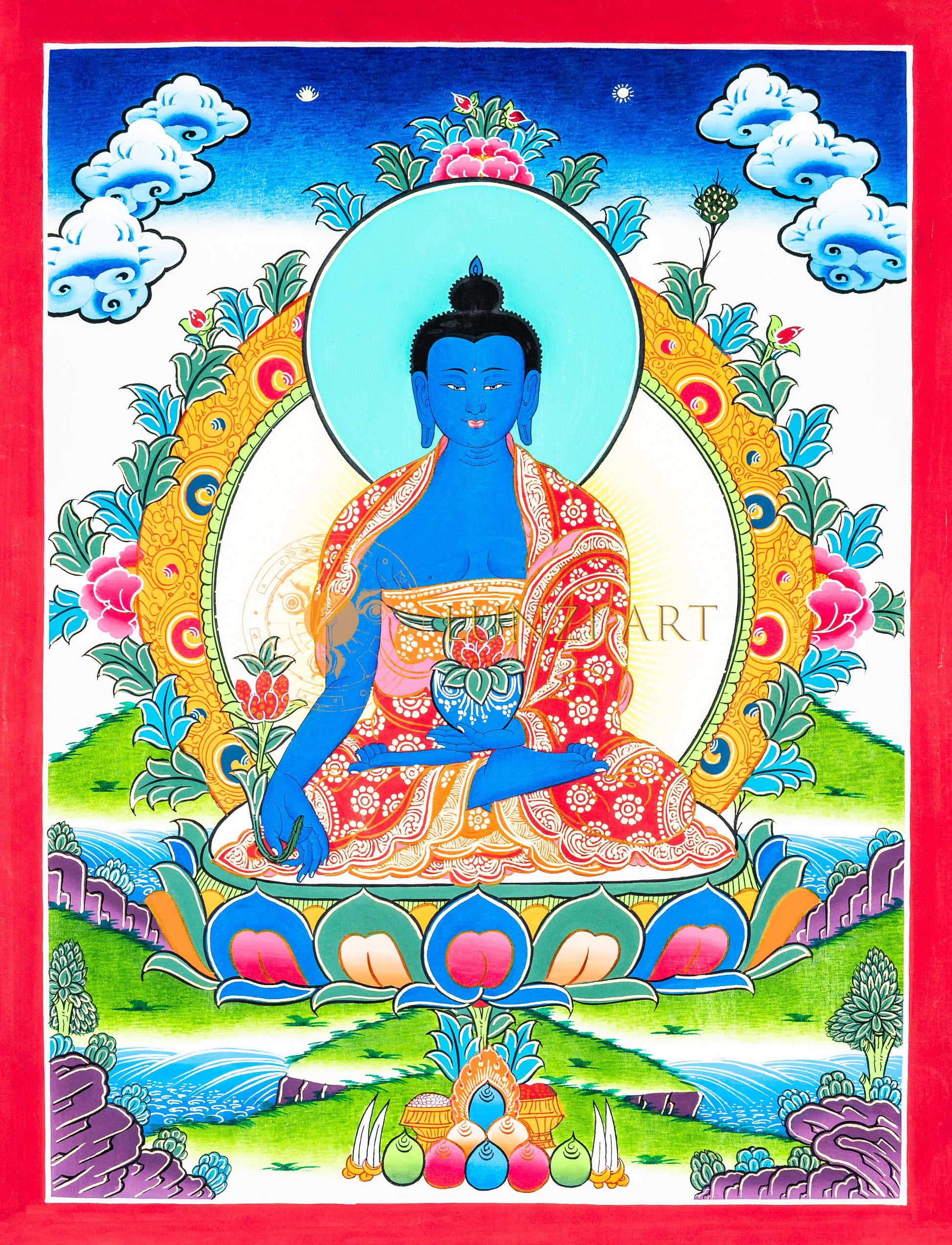 Medicine Buddha Thangka : Healing Buddha - T-B-HT-RB-MB-0033