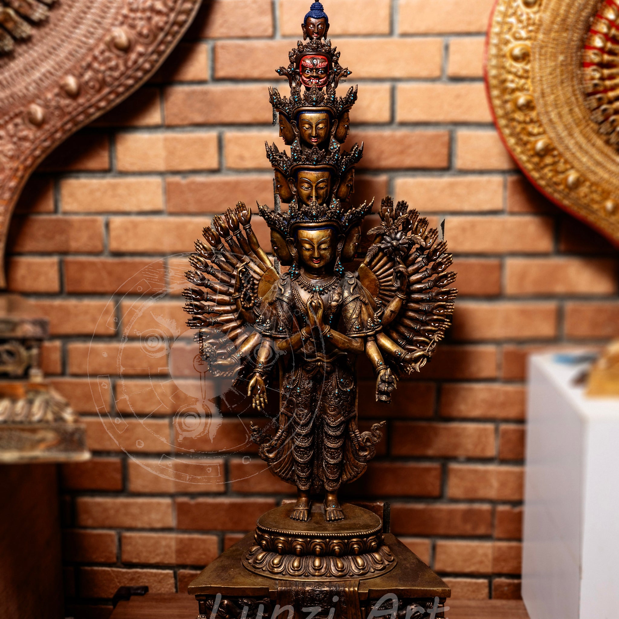 Multi-Faced Avalokiteshvara Standing Statue in refined oxidized copper — A Grand Creation by a Nationally Certified Master Artisan - statues