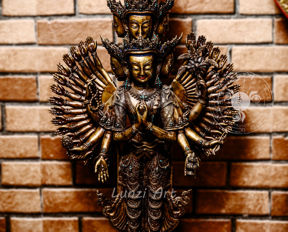 Multi-Faced Avalokiteshvara Standing Statue in refined oxidized copper - S-P-SS-C-TAA-0003