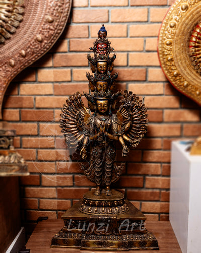 Multi-Faced Avalokiteshvara Standing Statue in refined oxidized copper - S-P-SS-C-TAA-0003