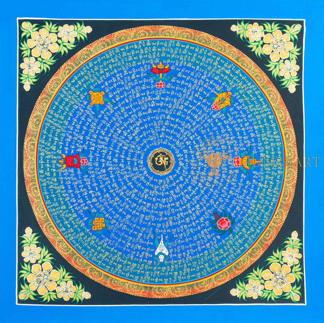 Om Mantra Mandala Thangka | Hand-Painted Blue & Gold Sacred Art - T-N-ET-RB-OMM-0064