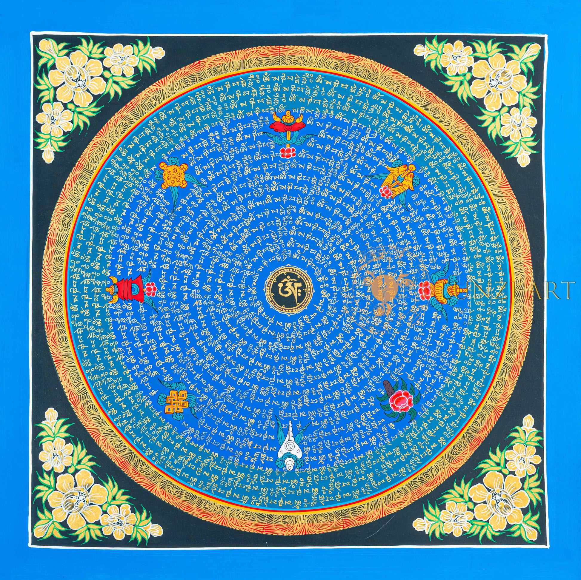 Om Mantra Mandala Thangka | Hand-Painted Blue & Gold Sacred Art - T-N-ET-RB-OMM-0064