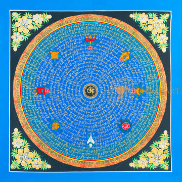 Om Mantra Mandala Thangka | Hand-Painted Blue & Gold Sacred Art - T-N-ET-RB-OMM-0064
