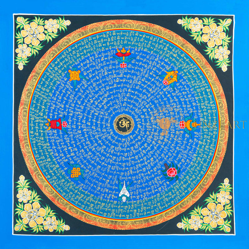 Om Mantra Mandala Thangka | Hand-Painted Blue & Gold Sacred Art - T-N-ET-RB-OMM-0064