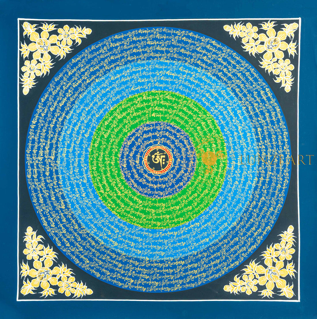 Om Mantra Mandala Thangka | Hand-Painted Gold & Blue-Green Gradient Art - T-N-ET-BB-OMM-0062