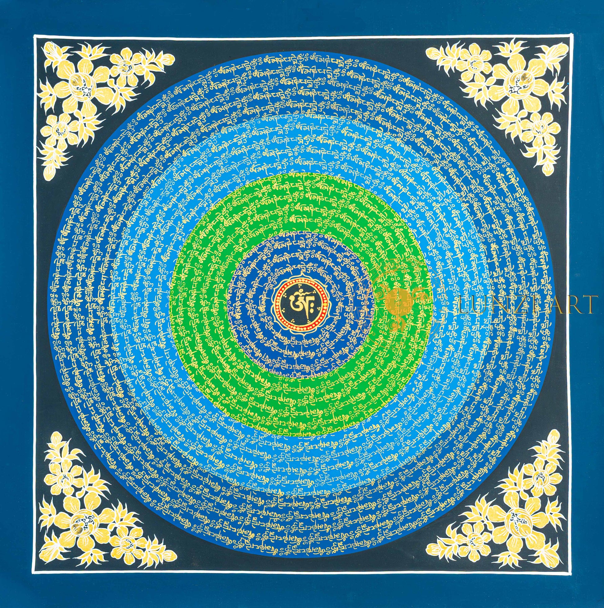 Om Mantra Mandala Thangka | Hand-Painted Gold & Blue-Green Gradient Art - T-N-ET-BB-OMM-0062
