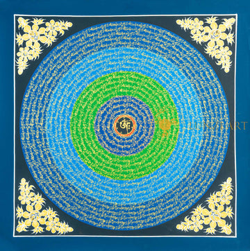 Om Mantra Mandala Thangka | Hand-Painted Gold & Blue-Green Gradient Art - T-N-ET-BB-OMM-0062