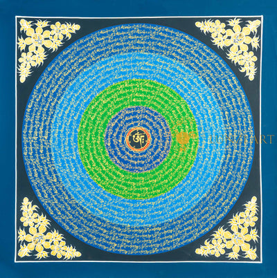 Om Mantra Mandala Thangka | Hand-Painted Gold & Blue-Green Gradient Art - T-N-ET-BB-OMM-0062