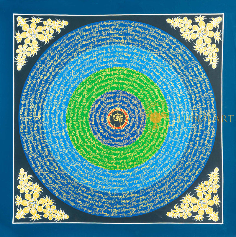 Om Mantra Mandala Thangka | Hand-Painted Gold & Blue-Green Gradient Art - T-N-ET-BB-OMM-0062