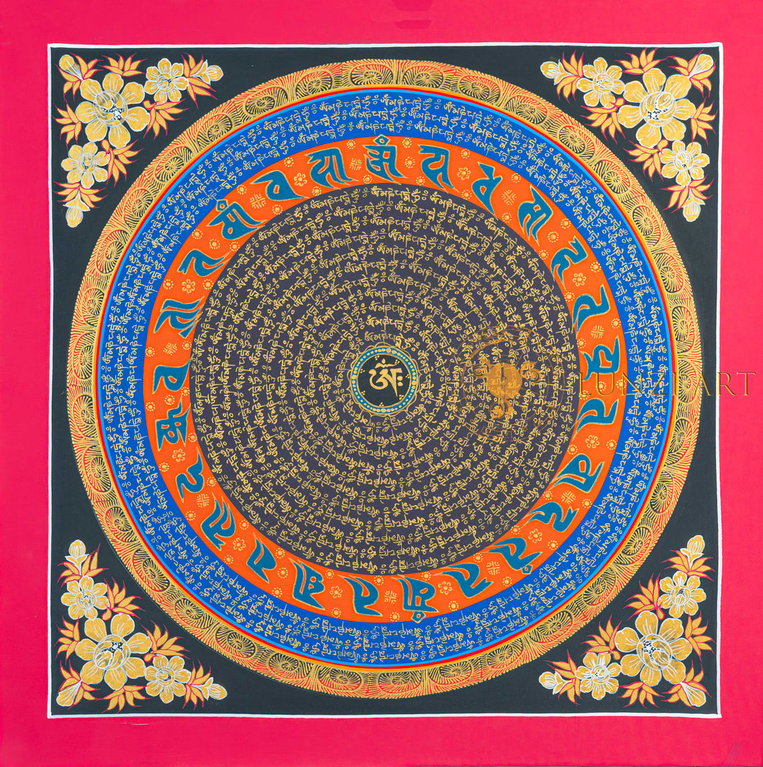 Om Mantra Mandala Thangka | Hand-Painted Gold & Blue Sacred Art - T-N-ET-RB-OMM-0056