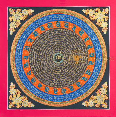 Om Mantra Mandala Thangka | Hand-Painted Gold & Blue Sacred Art - T-N-ET-RB-OMM-0056