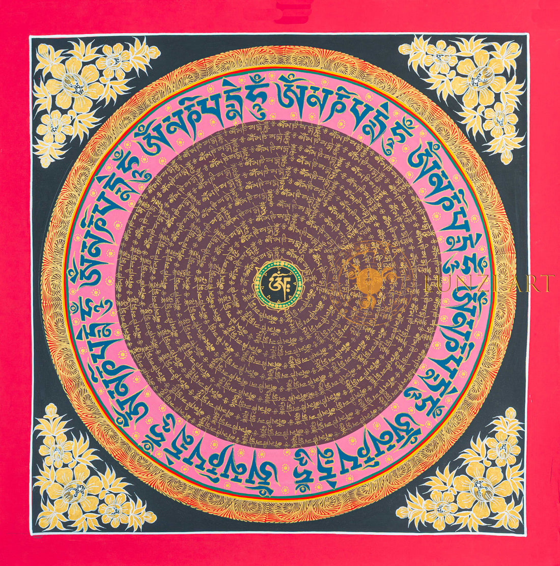 Om Mantra Mandala Thangka | Hand-Painted Gold & Pink Sacred Art - T-N-ET-BB-OMM-0063