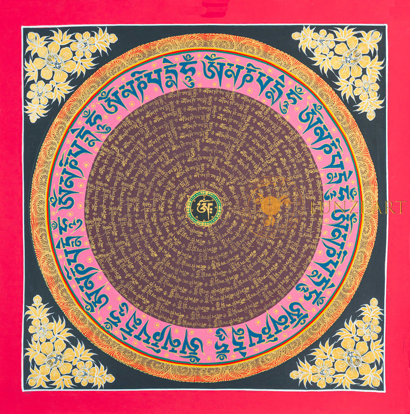 Om Mantra Mandala Thangka | Hand-Painted Gold & Pink Sacred Art - T-N-ET-BB-OMM-0063