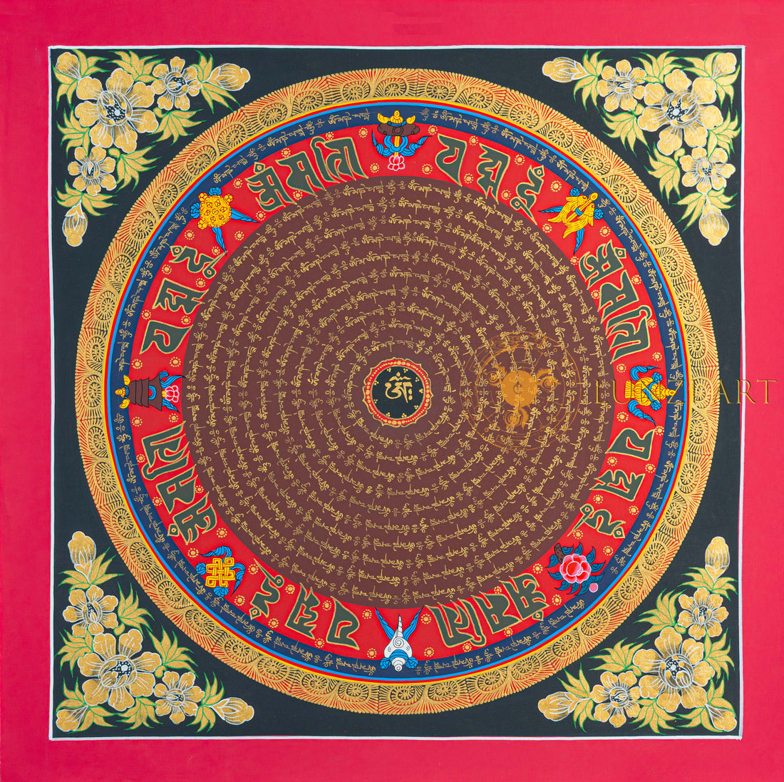 Om Mantra Mandala Thangka | Hand-Painted Gold & Red Sacred Art - T-N-ET-BB-OMM-0059