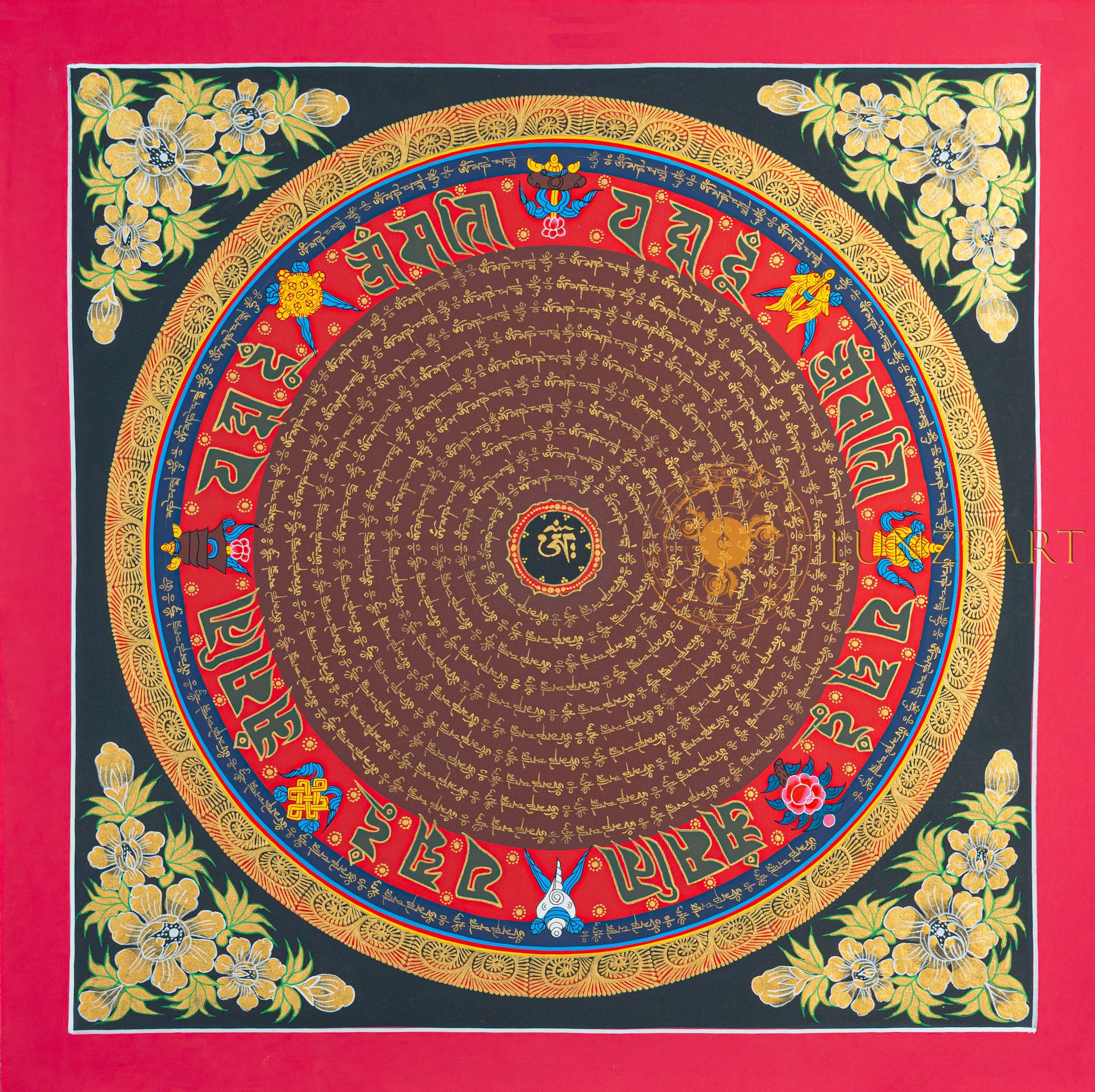Om Mantra Mandala Thangka | Hand-Painted Gold & Red Sacred Art - T-N-ET-BB-OMM-0059