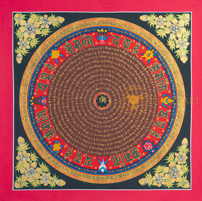 Om Mantra Mandala Thangka | Hand-Painted Gold & Red Sacred Art - T-N-ET-BB-OMM-0059