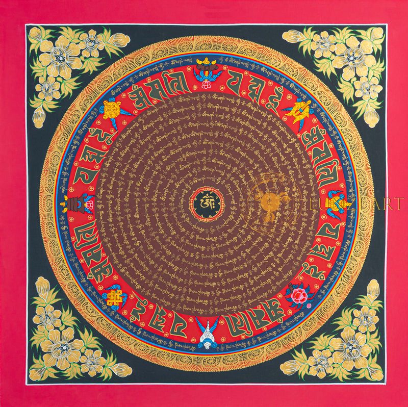 Om Mantra Mandala Thangka | Hand-Painted Gold & Red Sacred Art - T-N-ET-BB-OMM-0059