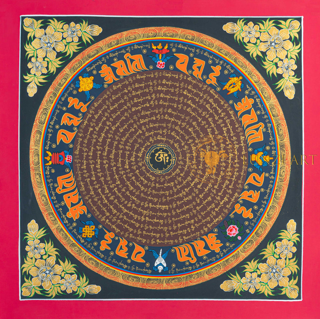 Om Mantra Mandala Thangka | Hand-Painted Gold Sacred Art - T-N-ET-RB-OMM-0055