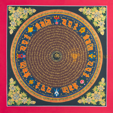 Om Mantra Mandala Thangka | Hand-Painted Gold Sacred Art - T-N-ET-RB-OMM-0055