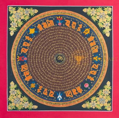 Om Mantra Mandala Thangka | Hand-Painted Gold Sacred Art - T-N-ET-RB-OMM-0055