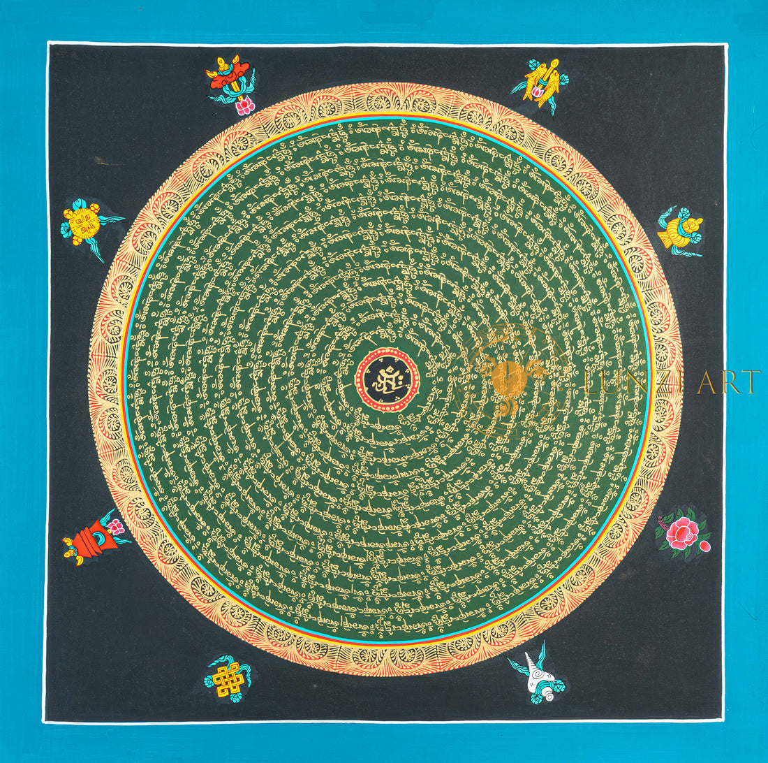 Om Mantra Mandala Thangka | Hand-Painted Green & Gold Sacred Art - T-N-ET-BB-OMM-0061