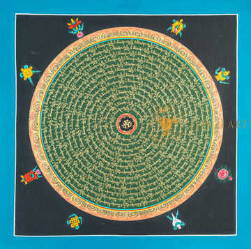 Om Mantra Mandala Thangka | Hand-Painted Green & Gold Sacred Art - T-N-ET-BB-OMM-0061
