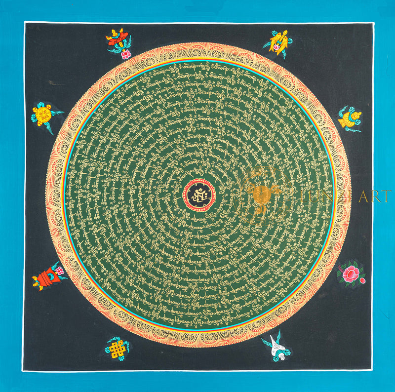 Om Mantra Mandala Thangka | Hand-Painted Green & Gold Sacred Art - T-N-ET-BB-OMM-0061