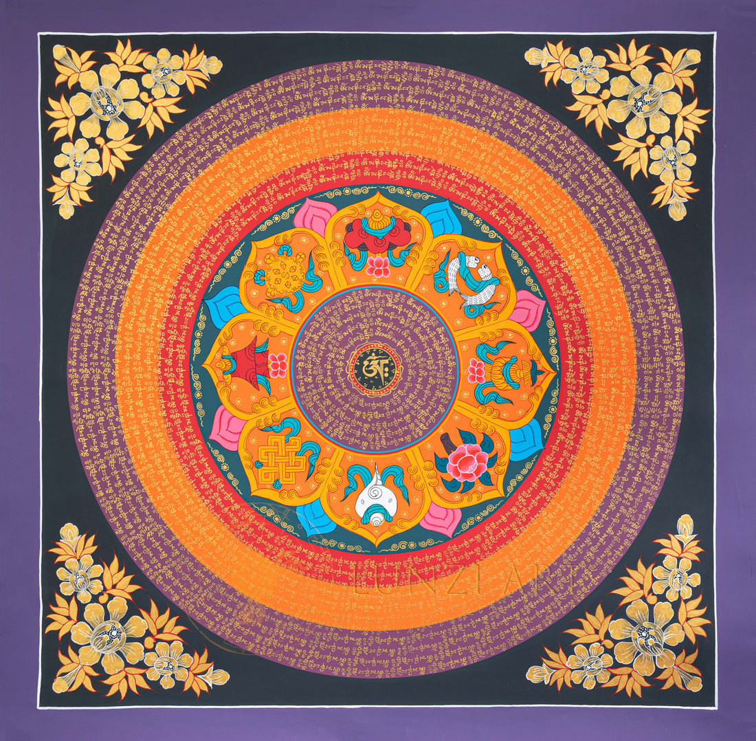 Om Mantra Mandala Thangka: The Eight Auspicious Symbols of Harmony - T-N-ET-CB-MM-0026