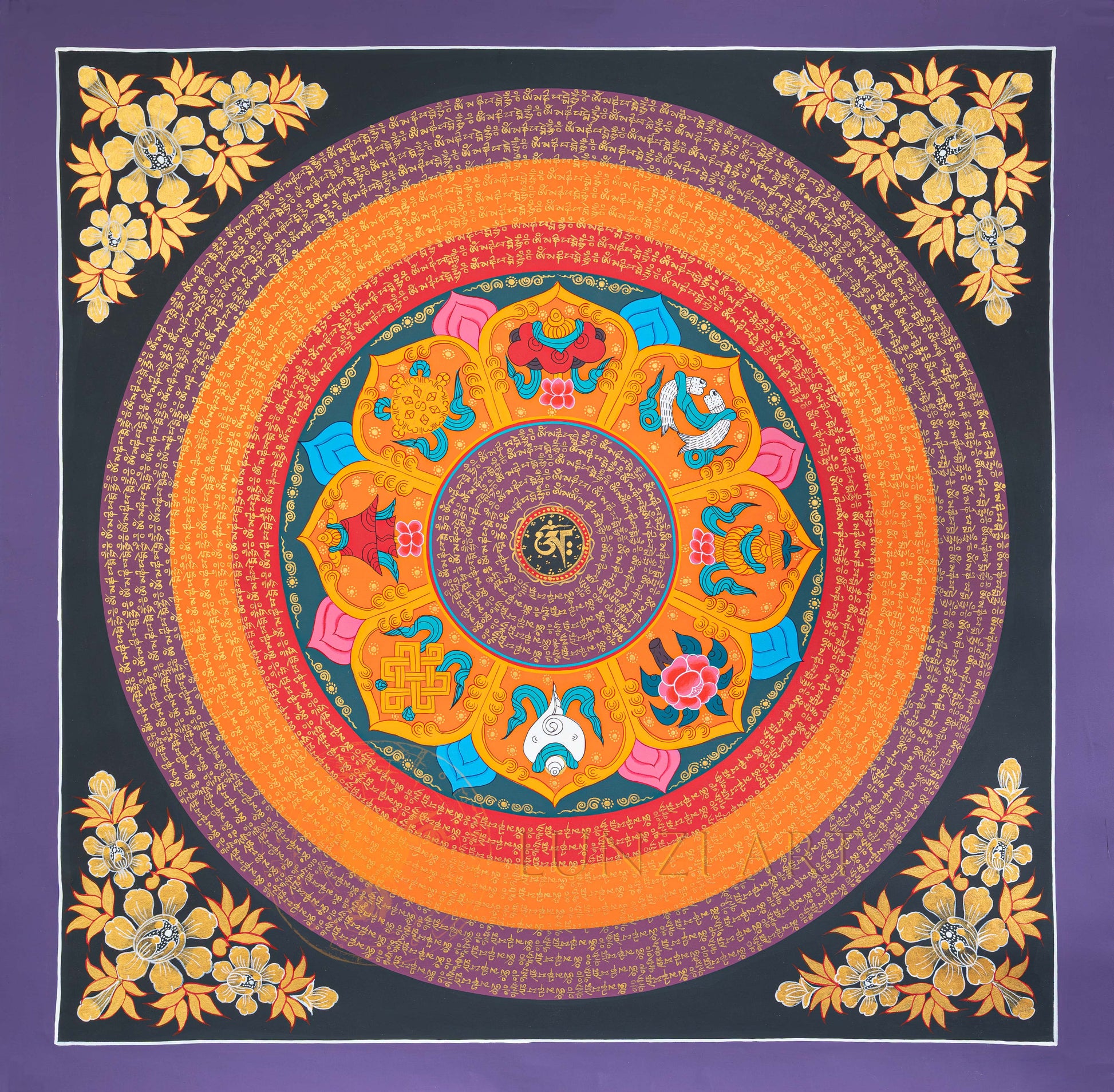 Om Mantra Mandala Thangka: The Eight Auspicious Symbols of Harmony - T-N-ET-CB-MM-0026