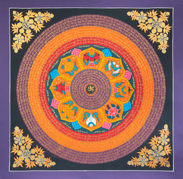 Om Mantra Mandala Thangka: The Eight Auspicious Symbols of Harmony - T-N-ET-CB-MM-0026