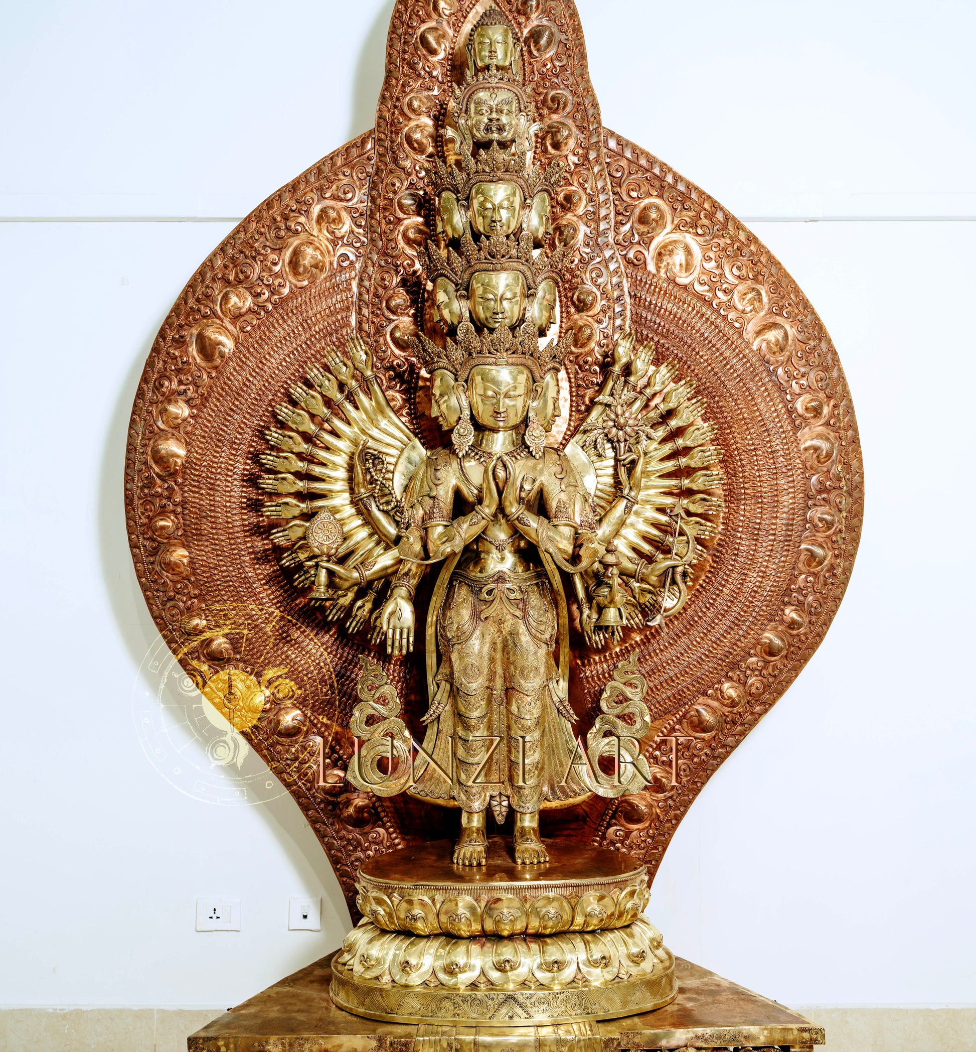 Refined copper standing statue of Multi-Faced Avalokiteshvara - S-P-SS-C-TAA-0006