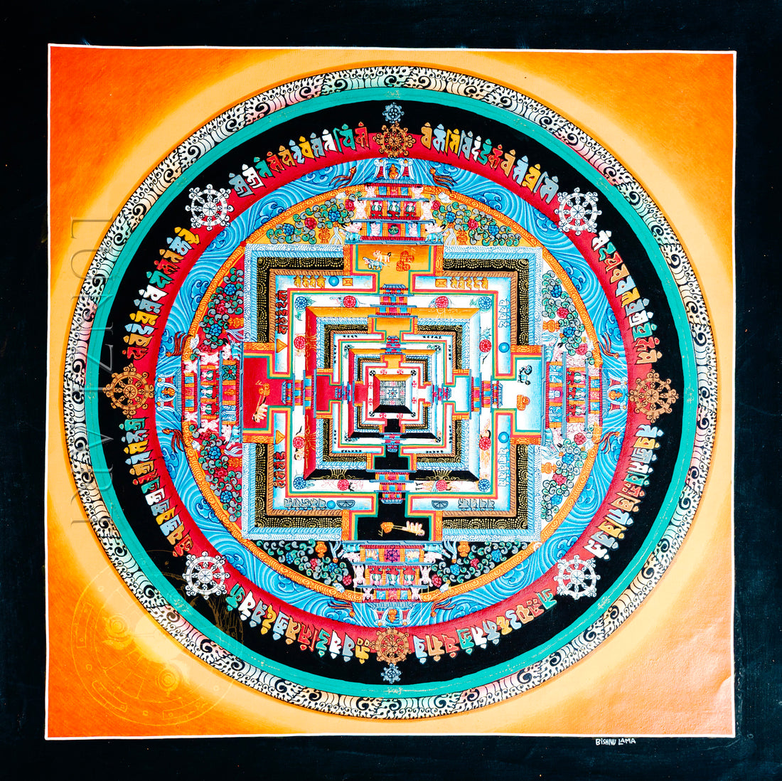 Renowned hand drawn 24k genuine gold, premium thangka "Kalachakra Mandala" - Thangka