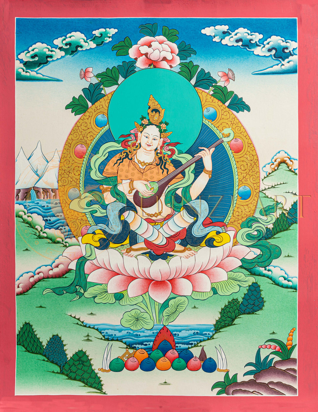 Saraswati Thangka: The Goddess of Wisdom, Learning and the Arts - T-S-BT-RB-S-0174