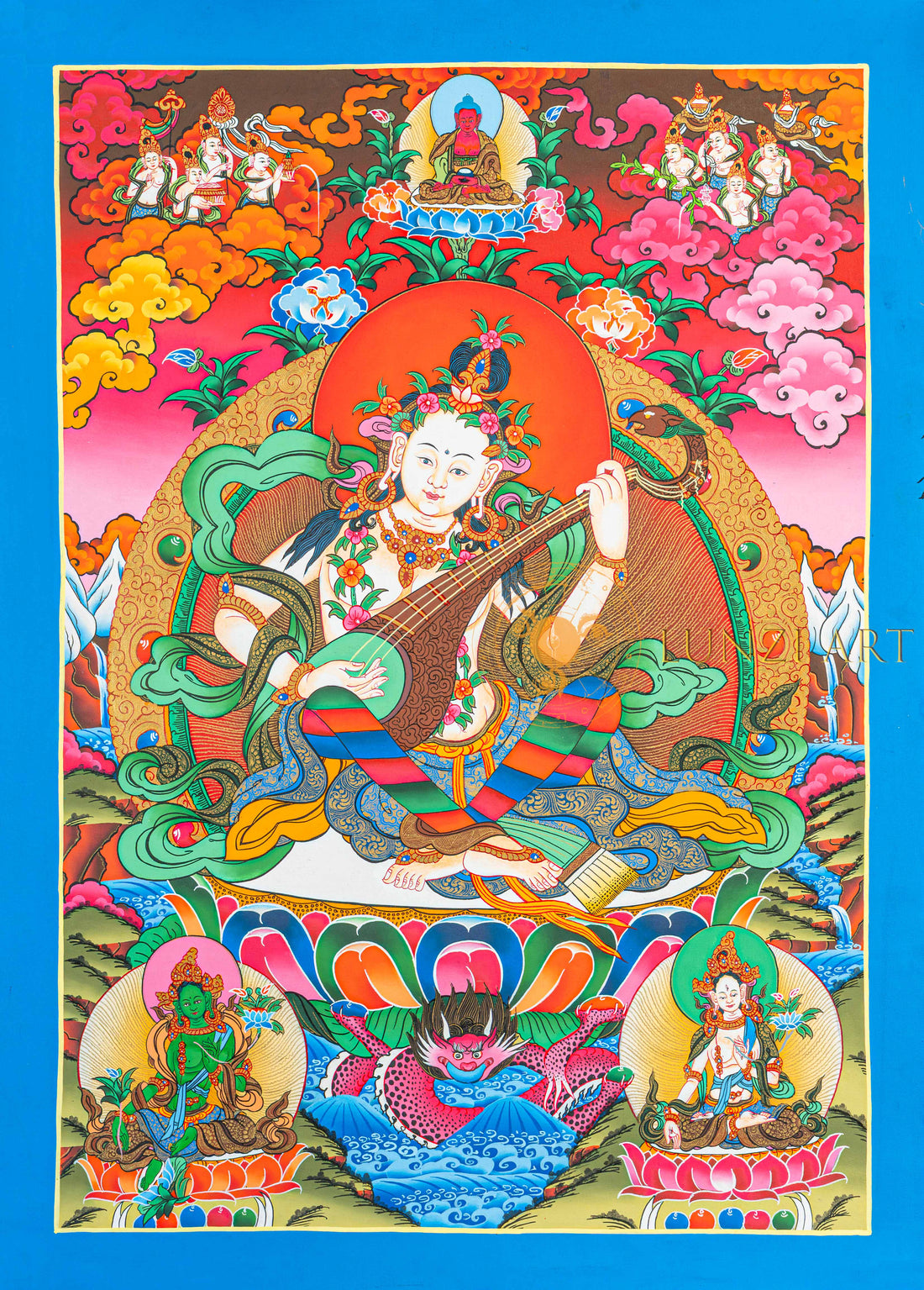Saraswati Thangka: The Golden Melody of Wisdom and Arts - T-N-ET-BB-AU-S-0092
