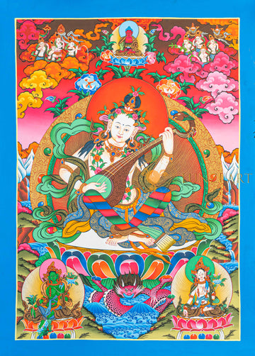 Saraswati Thangka: The Golden Melody of Wisdom and Arts - T-N-ET-BB-AU-S-0092