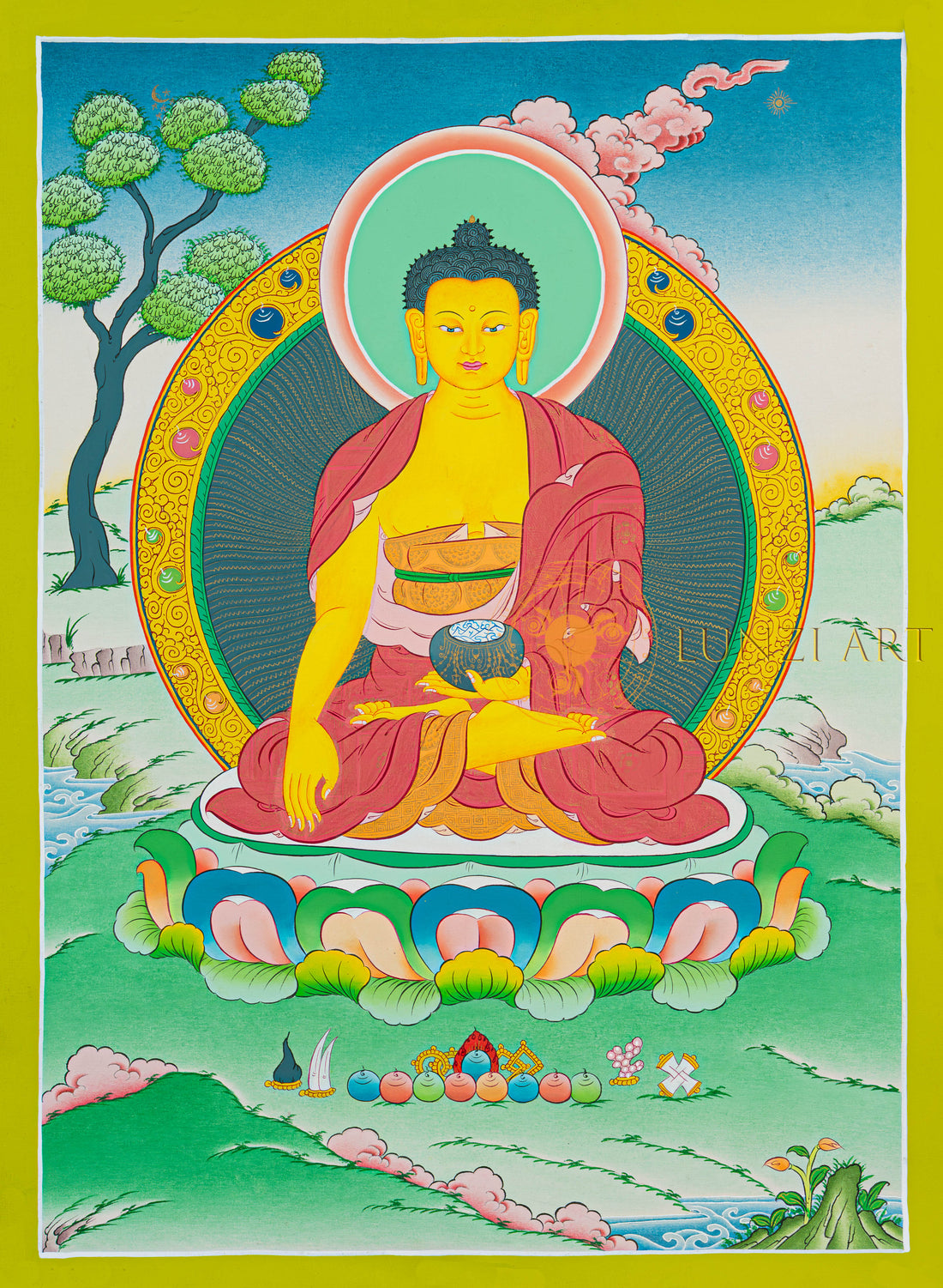 Shakyamuni Buddha Thangka: The Golden Beacon of Universal Enlightenment - T-N-ET-GB-AU-S-0111