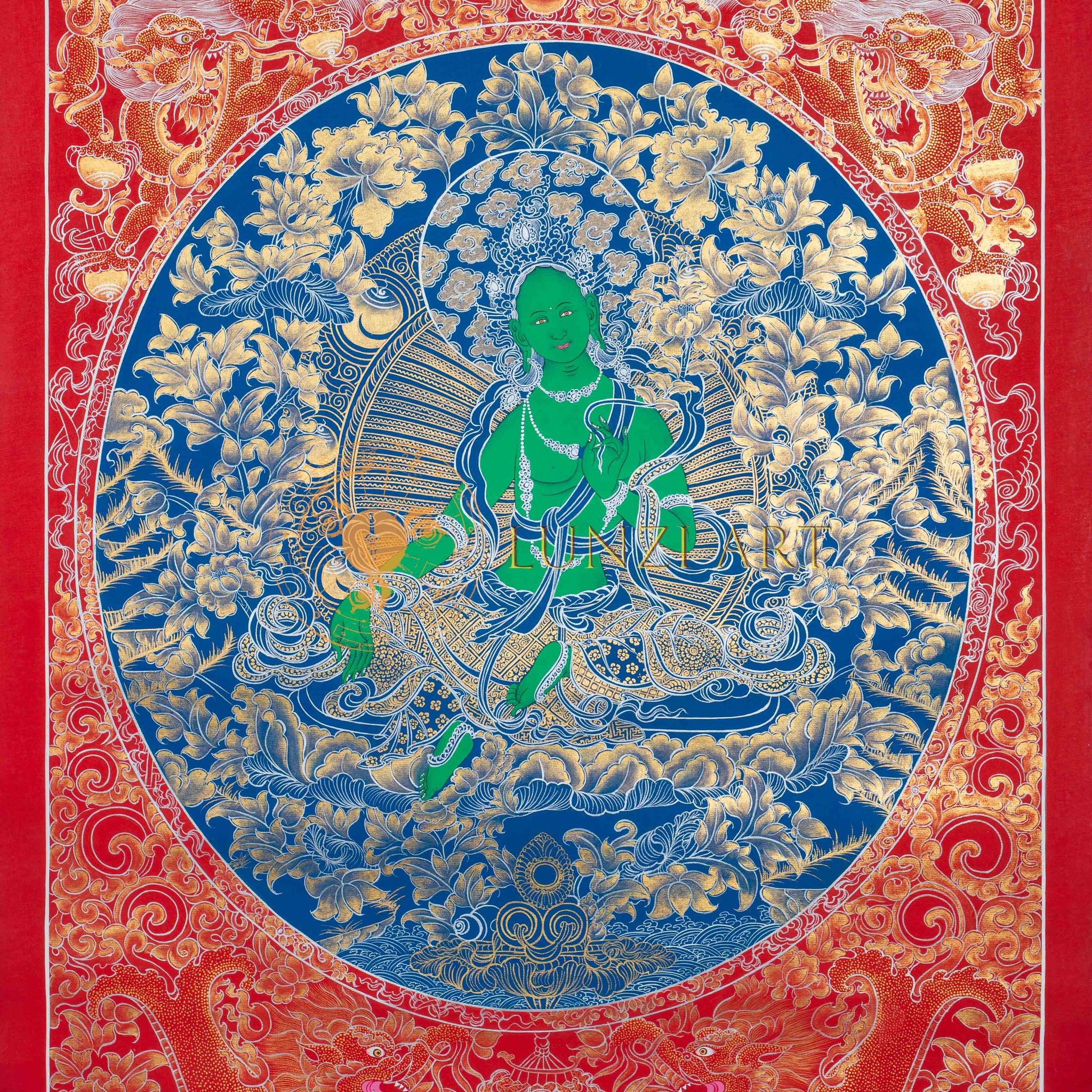 The Azure Mandala of Compassion: Green Tara in Celestial Bloom Thangka Painting - Thangka